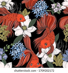 Seamless pattern with fish and flowers in graphic style. Vector.