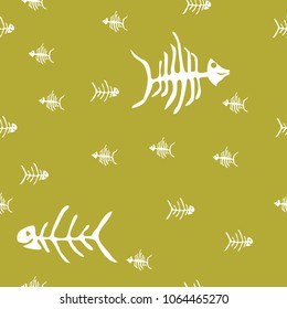 seamless pattern of fish, with funny white skeletons of fish on green, olive background