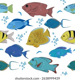 Seamless pattern fish hand drawn style. Vector illustration color fish on white.