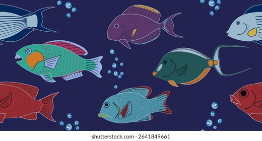 Seamless pattern fish hand drawn style. Vector illustration color fish on blue.