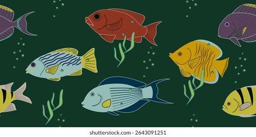 Seamless pattern fish hand drawn style. Vector illustration color fish on green.