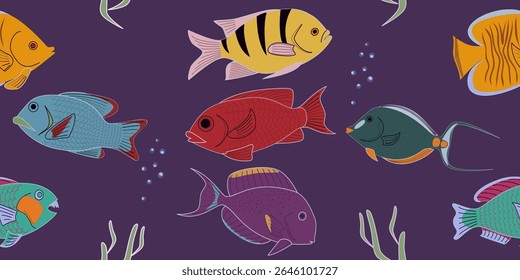 Seamless pattern fish hand drawn style. Vector illustration color fish on purple.