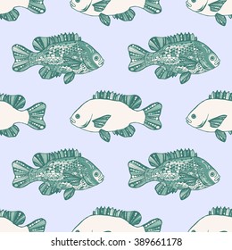 Seamless pattern. Fish. Hand-drawn fantasy fish with ethnic doodle pattern. 