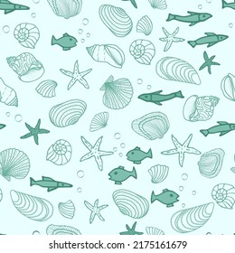 Seamless pattern with fish icons, shells, starfish on a blue background.