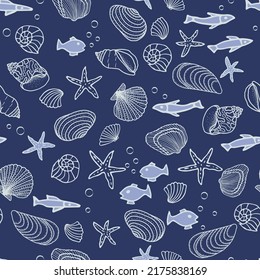 Seamless pattern with fish icons, shells, starfish on a blue background.