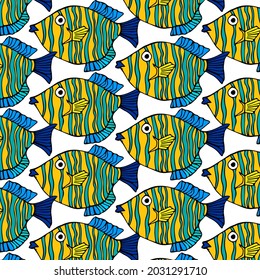 Seamless pattern with fish isolated on white background. Animal in doodle style yellow and blue colors. Vector illustration
