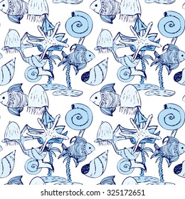 Seamless pattern with fish, jellyfish, seagull, palm tree, yacht and sea shells. Sea background. Vector illustration.