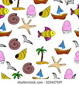 Seamless pattern with fish, jellyfish, seagull, palm tree, yacht and sea shells. Sea background. Vector illustration.