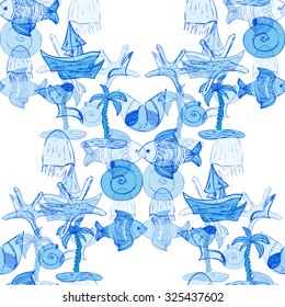Seamless pattern with fish, jellyfish, seagull, palm tree, yacht and sea shells. Sea background. Vector illustration.