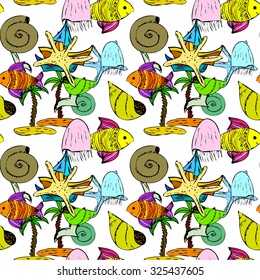 Seamless pattern with fish, jellyfish, seagull, palm tree, yacht and sea shells. Vector illustration.