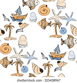 Seamless pattern with fish, jellyfish, seagull, palm tree, yacht and sea shells. Vector illustration.