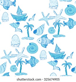 Seamless pattern with fish, jellyfish, seagull, palm tree, yacht and sea shells. Sea background. Vector illustration.