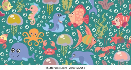 Seamless pattern of fish with jellyfish and seaweed. Vector illustration.