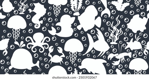 Seamless pattern of fish with jellyfish and seaweed. Vector illustration.