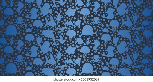 Seamless pattern of fish with jellyfish and seaweed. Vector illustration.