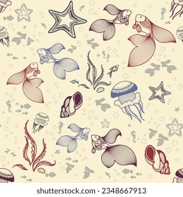 Seamless pattern. Fish, jellyfish, starfish and shells over white background. Marine theme. Vector illustration.