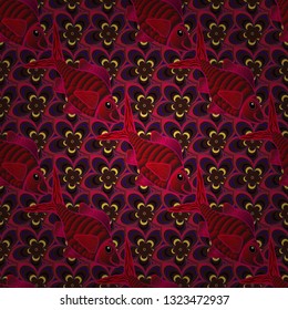Seamless pattern with fish. Kids background. Fishes in magenta, brown and red colors. Vector illustration. Cute fish.