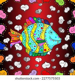 Nahtloses Muster mit Fischen. Kinder Hintergrund.Fische auf Rot, Schwarz und Braun. Vektorgrafik. Geruchter Fisch.