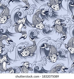 Seamless pattern with  fish koi. Japanese vintage print.