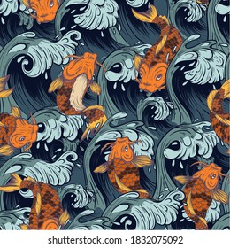 Seamless pattern with  fish koi. Japanese vintage print.