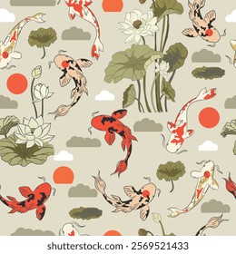 Seamless pattern with fish koi, lotus flower, sun and cloud.