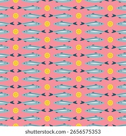Seamless pattern with fish and lemon slices on background. Repeating sardinas and lemon pattern on pink background. Colorful seafood seamless pattern with fish and citrus slices