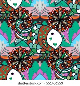 a seamless pattern with fish. Lotus. Green. Brown. Black. Vector.