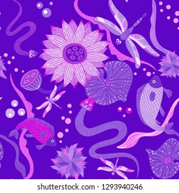 Seamless pattern with fish, lotus, snake and dragonfly in neon colors.