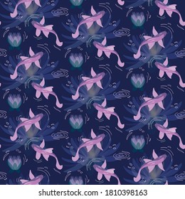 Seamless pattern Fish with lotuses - koi carp, blue background, magic