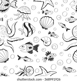 Seamless pattern of fish and marine animals