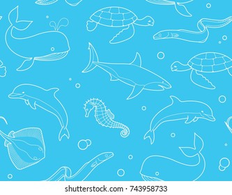Seamless pattern with fish and marine life