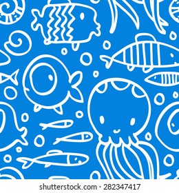 Seamless pattern with fish and octopus. Sea life vector illustration.