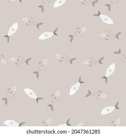 Seamless pattern fish on beige background. Modern ornament with sea animals. Random template for fabric. Design vector illustration.