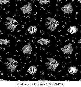 Seamless pattern with fish on black background. Trendy Sea pattern with fish and bubbles. Design use for aquarium shops, seaquarium, fish market and shop. For textile, wrapping, scrapbooking