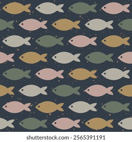 Seamless pattern of fish on the Black background with polka dots. Abstract seamless fish pattern. Cute pattern perfect for background, fabric, textile, gift wrap and etc.