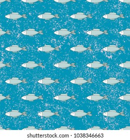 Seamless pattern fish on a blue background. Vintage vector illustration