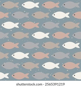 Seamless pattern of fish on the Blue background with polka dots. Abstract seamless fish pattern. Cute pattern perfect for background, fabric, textile, gift wrap and etc.
