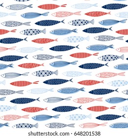 Seamless Pattern With Fish On A Blue Background.Vector