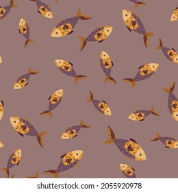 Nahtlose Musterfische auf braunem Hintergrund. Abstrakte Ornamente mit Meerestieren. Zufallsschablone für Gewebe. Design, Vektorgrafik.