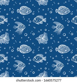 Seamless pattern with fish on classic blue background. Color is classic blue. Dinamic cute Sea pattern with fish and bubbles. Layout design use for aquarium shops, seaquarium, fish market and shop.