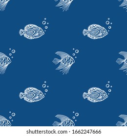 Seamless pattern with fish on classic blue background. Color is classic blue. Cute Sea pattern with fish and bubbles. Layout design use for aquarium shops, seaquarium, fish market and shop.