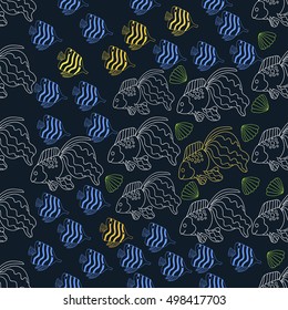 Seamless pattern with fish on a dark background. Sea life pattern. 