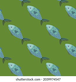 Seamless pattern fish on green background. Simple ornament with sea animals. Geometric template for fabric. Design vector illustration.