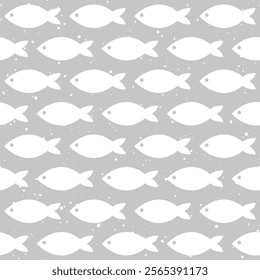 Seamless pattern of fish on the Grey background with polka dots. Abstract seamless fish pattern. Cute pattern perfect for background, fabric, textile, gift wrap and etc.