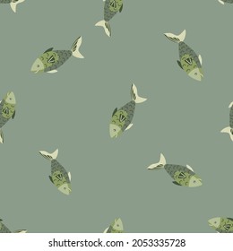 Seamless pattern fish on pastel green background. Modern ornament with sea animals. Random template for fabric. Design vector illustration.