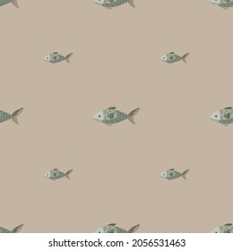 Seamless pattern fish on pastel brown background. Modern ornament with sea animals. Geometric template for fabric. Design vector illustration.