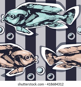 Seamless pattern with fish on a striped background. Contrasting modern composition. Blue and orange fish on contrasting background
