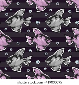 Seamless pattern with fish on a striped background. Contrasting modern composition. Pink and gray fish on vine color background