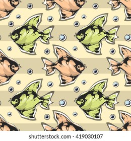 Seamless pattern with fish on a striped background. Contrasting modern composition. Lime color and orange fish on beige background