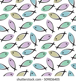Seamless pattern with fish on a white background. Vector illustration.